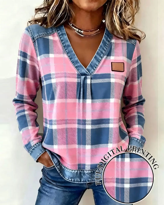 Topp V-Hals Rutete Denim Patchwork