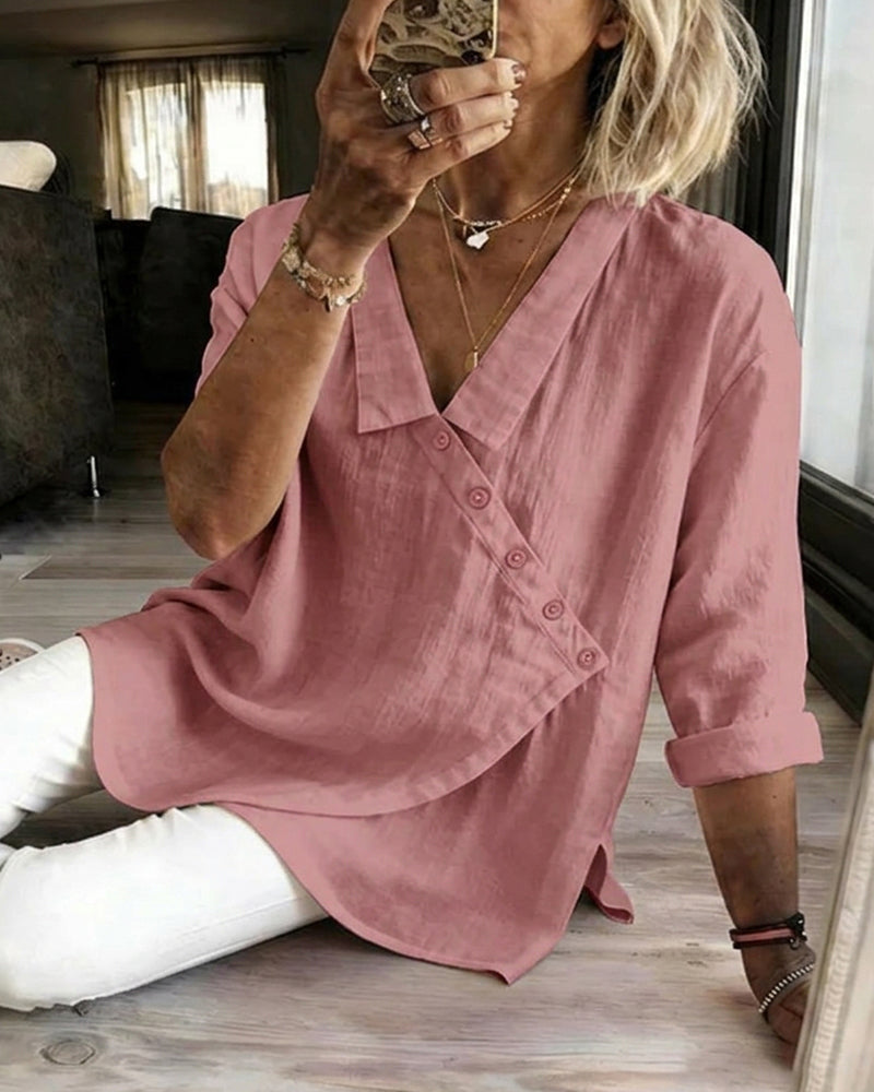 Bluse Med Asymmetrisk Diagonal Knappelukking Og Krage