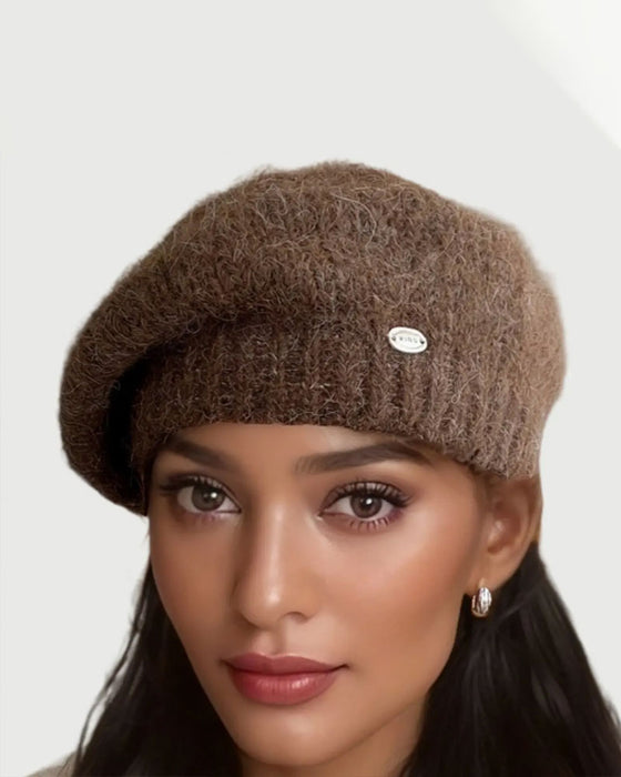 Dame Ensfarget Strikket Beret Lue