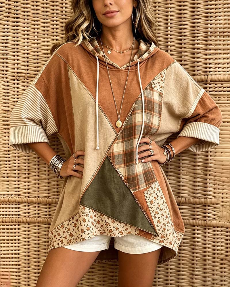 Hoodie Rute Stripe Blomstret Patchwork