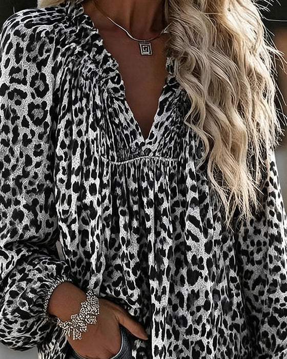 Bluse V-Hals Leopard Trykk Rynket Pufferme