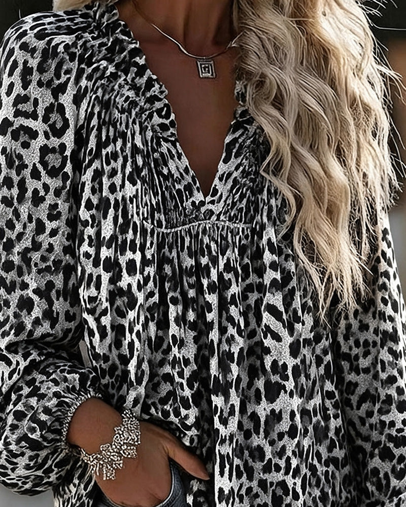 Bluse V-Hals Leopard Trykk Rynket Pufferme