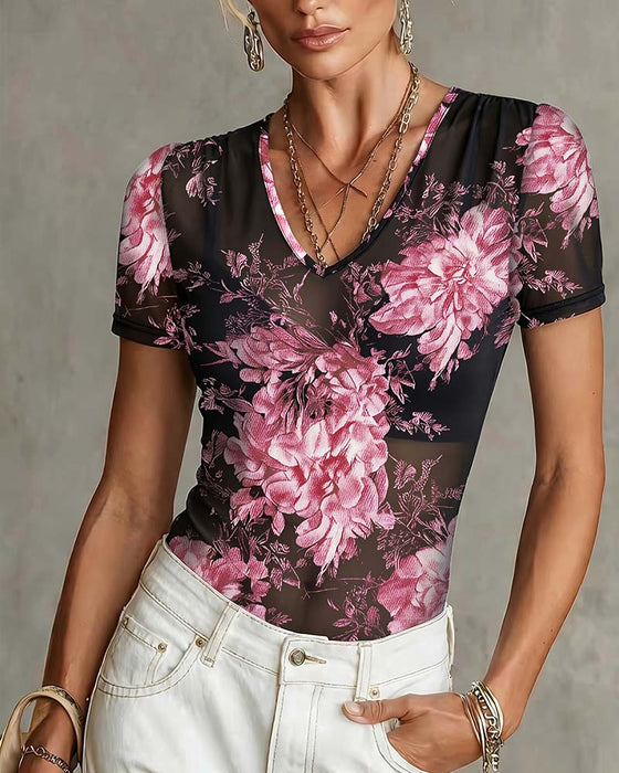 T-Shirt Med V-Hals Og Blomstermønster Kort Erme