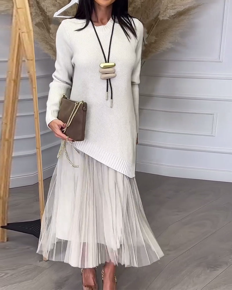 To-Delt Sett Med Genser Og Skjørt I Rund Hals Og Uregelmessig Design