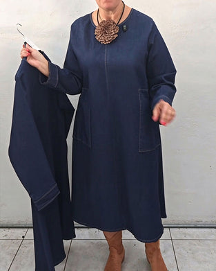Kjole Rund Hals Lomme Rett Lang Erm Denim