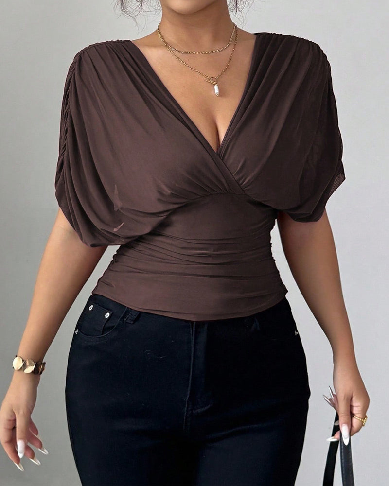 Bluse Solid Farge Dyp V-Hals Midje Kort Erme