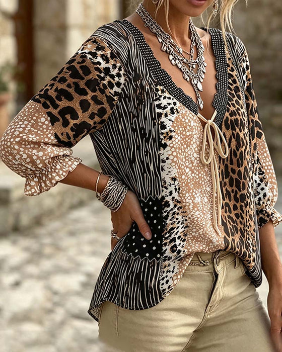 Bluse V-Hals Leopard Prikk Boble Erme