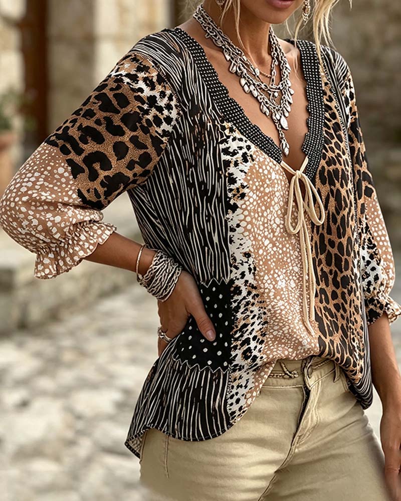 Bluse V-Hals Leopard Prikk Boble Erme