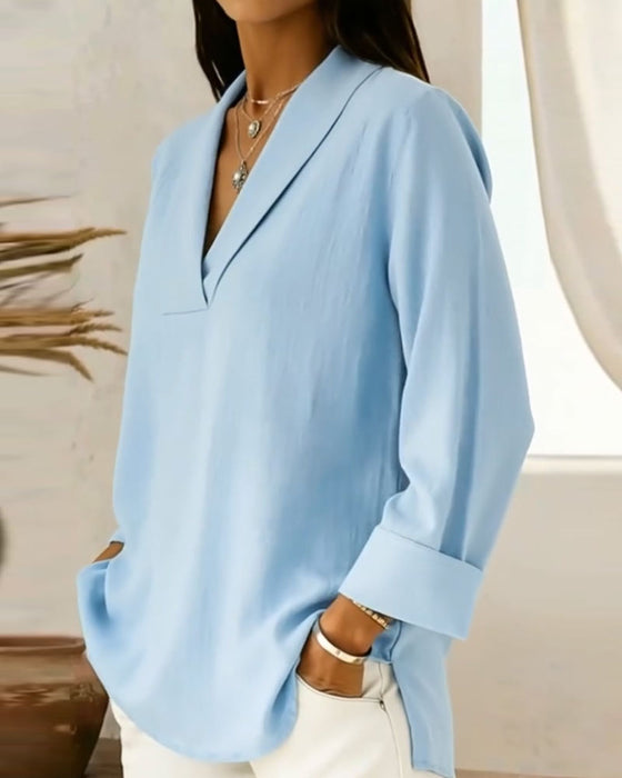 Topp Enkel V-Hals Lang Erme