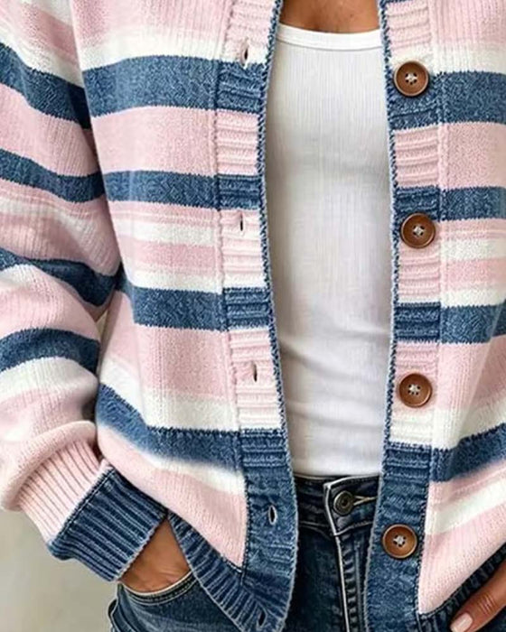 Cardigan Stripet Rund Hals Enkeltspent