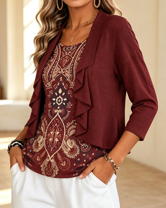 Bluse Imitasjon Todelt Ruffle Trykk