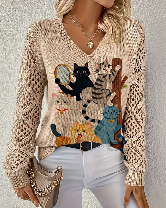 Pullover V-Hals Uthuling Tegneserie Katt Trykk