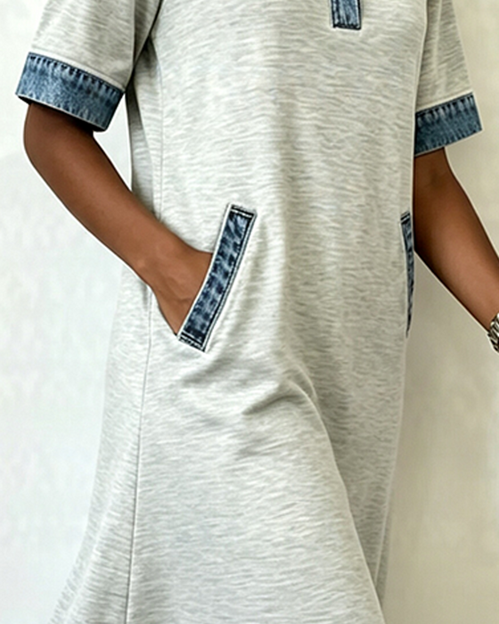 Kjole Skjortekrage Denim Patchwork Lomme