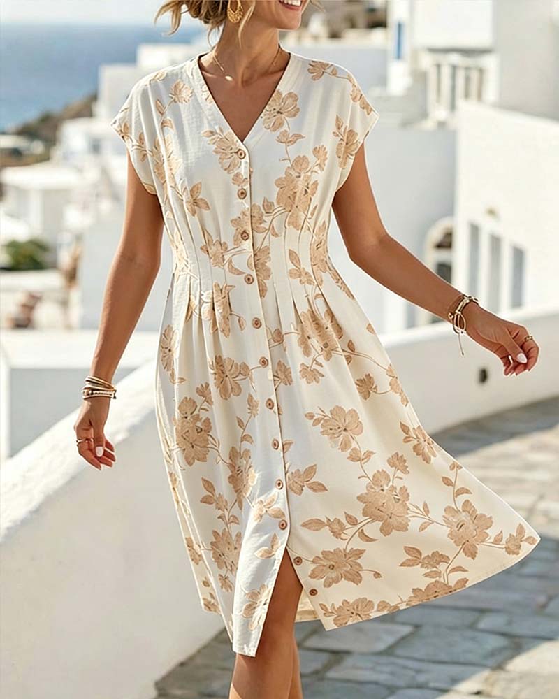 Kjole V-Utringning Trykk Innsnørt Midje Knappefront