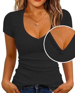 T-Skjorte Ribbet Slim Fit V-Utringning Kortsermet