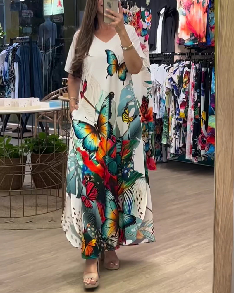 Kjole V-Hals Sommerfugltrykk Lang