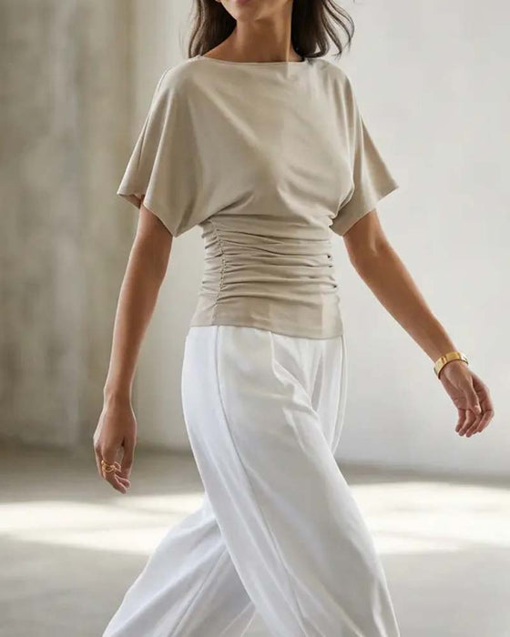 Bluse Casual Solid Plissert Kort Erme