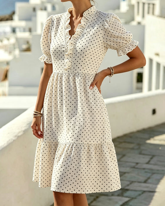 Kjole V-Hals Blonder Trim Polka Dot