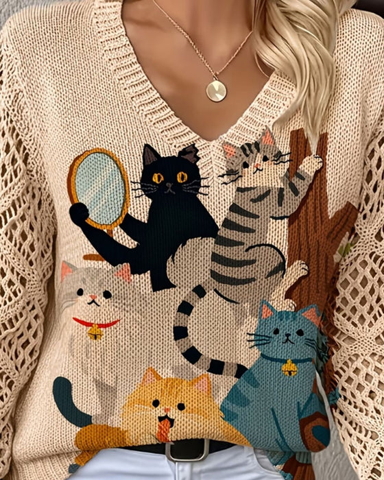 Pullover V-Hals Uthuling Tegneserie Katt Trykk