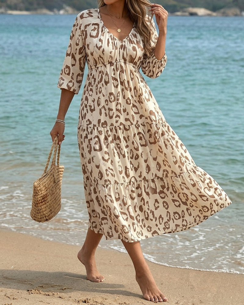 Kjole Leopard Trykk V-hals