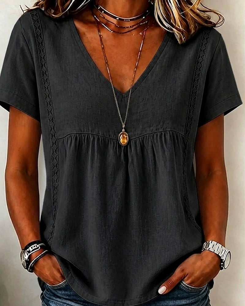 Bluse V-Hals Rynket Kort Erme