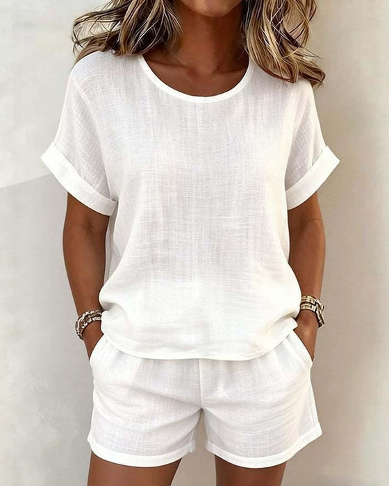 Set Solid Rund Hals Kort Erme Shorts