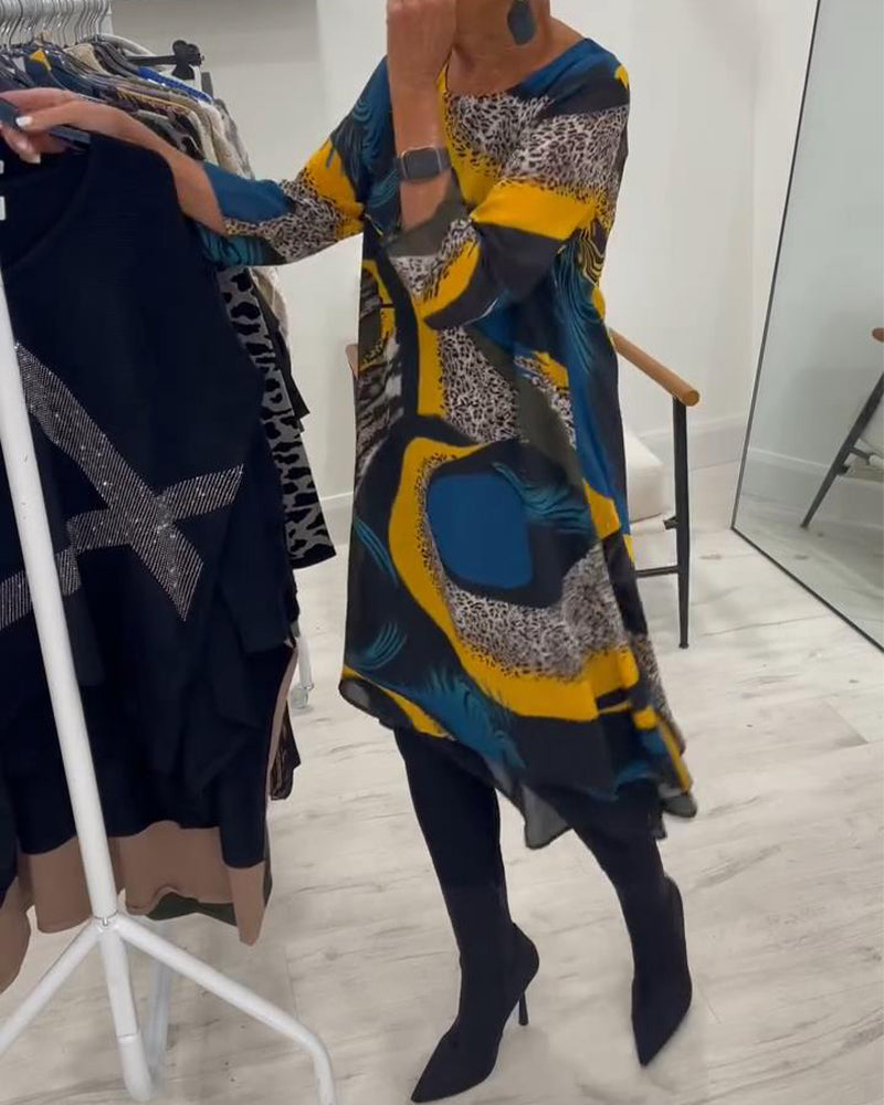 Elegant Trykt Kjole Med Rund Hals