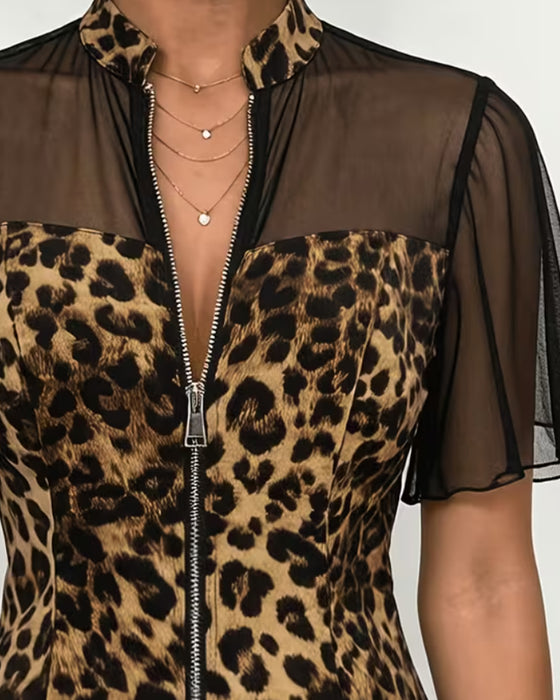 Bluse Leopard Patchwork Mandarin Krave Glidelås