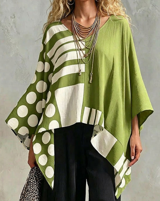 Bluse Polka Dot Stripe Patchwork V Hals