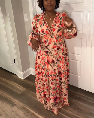 Kjole V-Hals Lang Erm Blomster