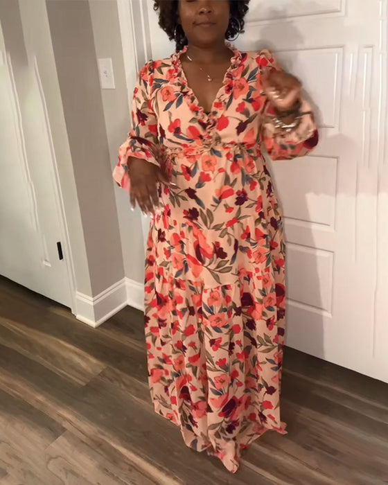 Kjole V-Hals Lang Erm Blomster