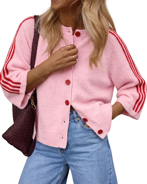 Cardigan Stripet 3/4 Erme Knapp