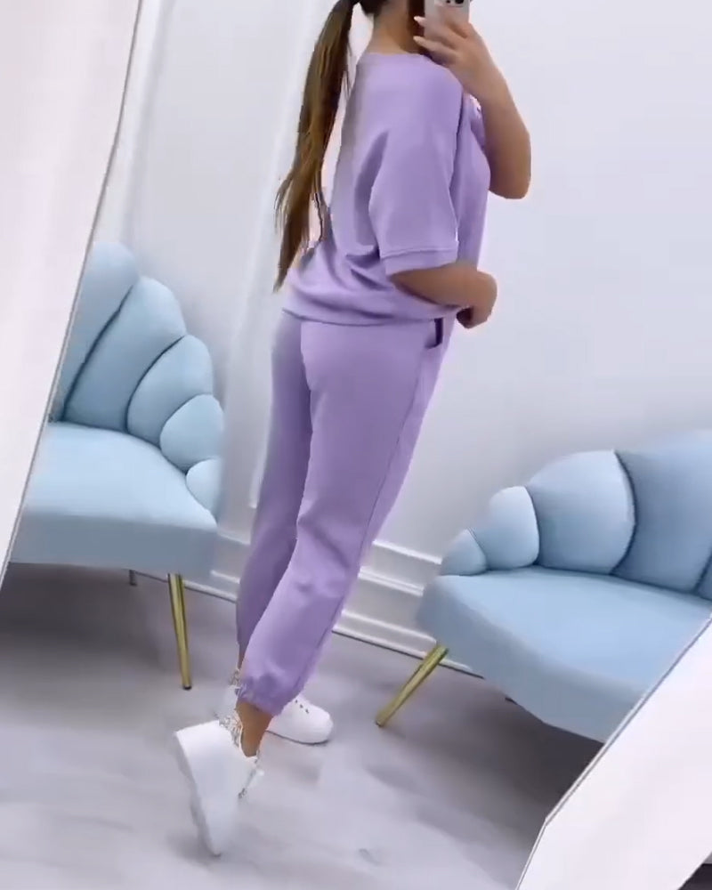 Set Rund Hals Halv Erme Sweatshirt