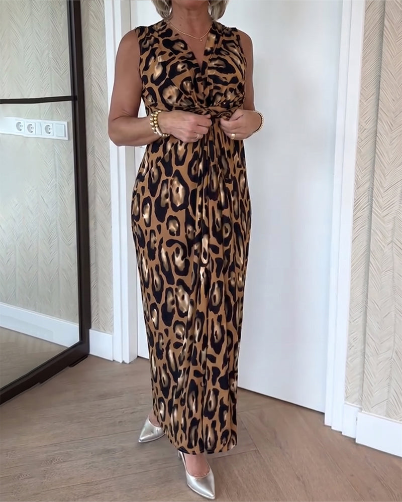 Kjole Ermeløs V-Hals Leopard