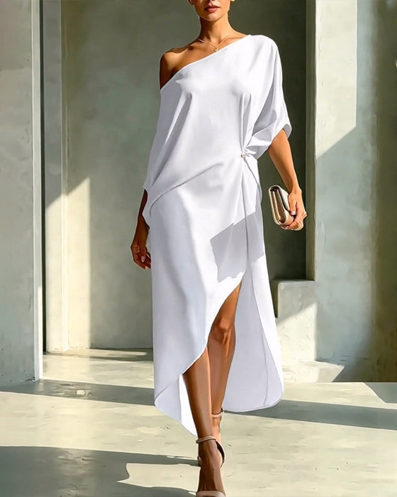 Kjole Off-Shoulder Rynket Uregelmessig Solid