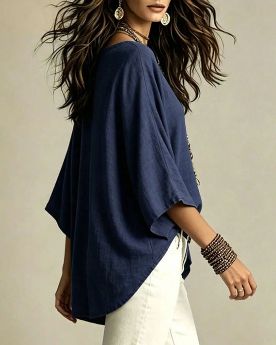 Blouse V-Hals Trekvart Erme Løs