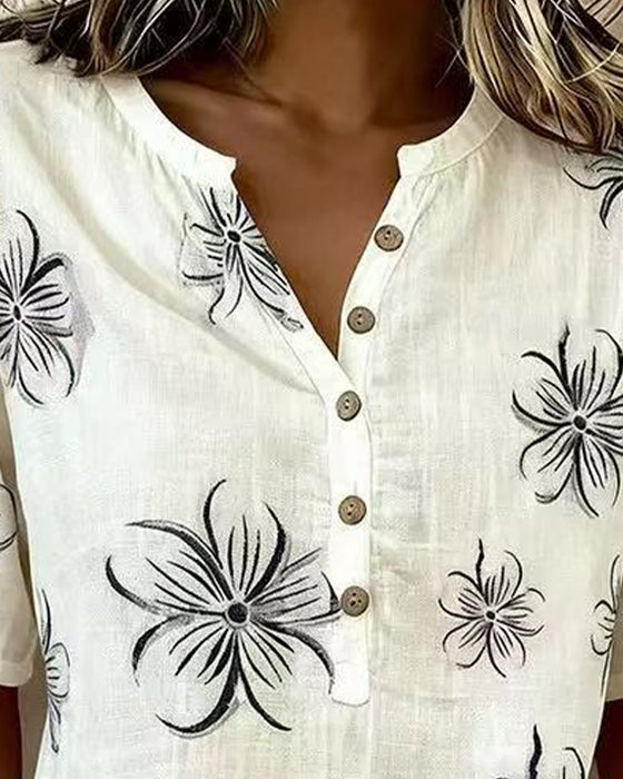 Bluse Crew Neck Knappestang Blomstret Casual