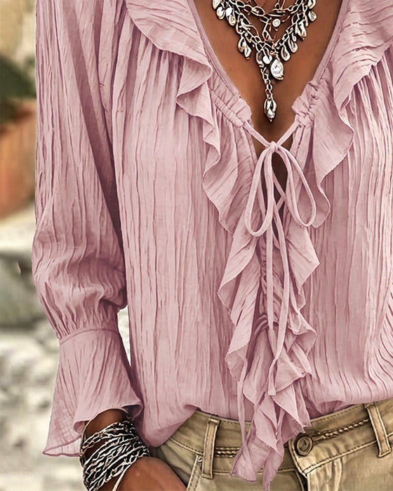 Bluse Ruffle Trim Knyting Lang Erme