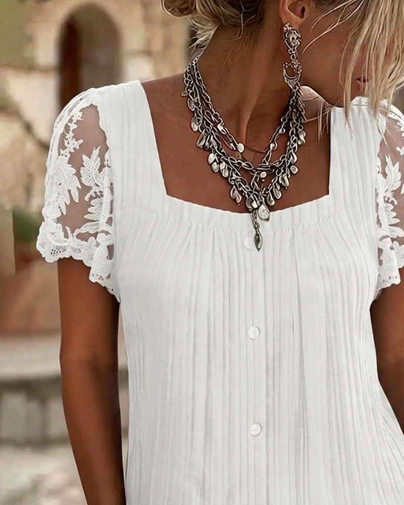Bluse Firkantet Hals Ribbet Blonder Patchwork