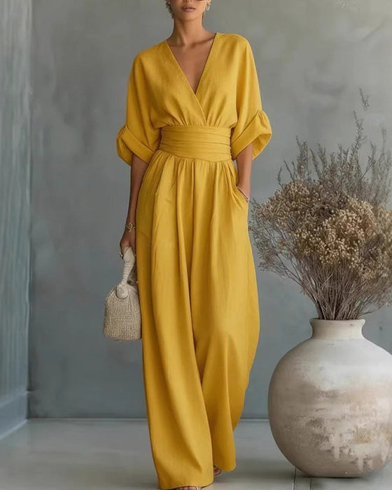 Jumpsuit V-Hals Kors Midjekniping Bred Ben