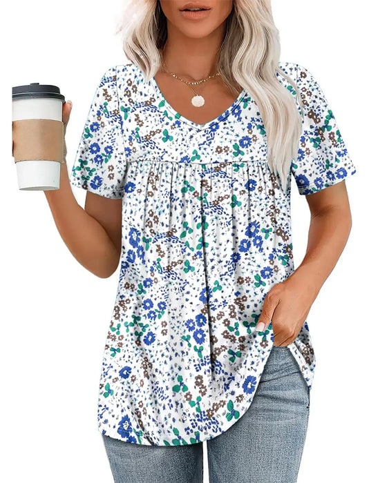 Bluse Blomstret V-Hals Kortermet