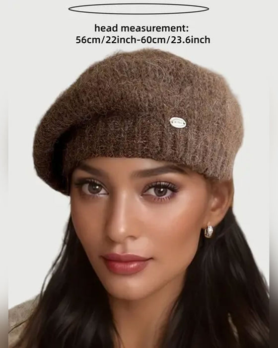 Dame Ensfarget Strikket Beret Lue