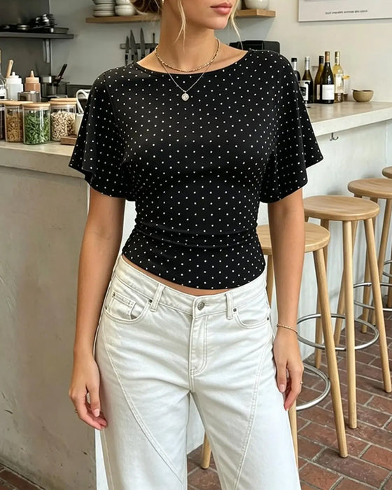 T-Shirt Prikket Midjekniping Rund Hals Kort Erme