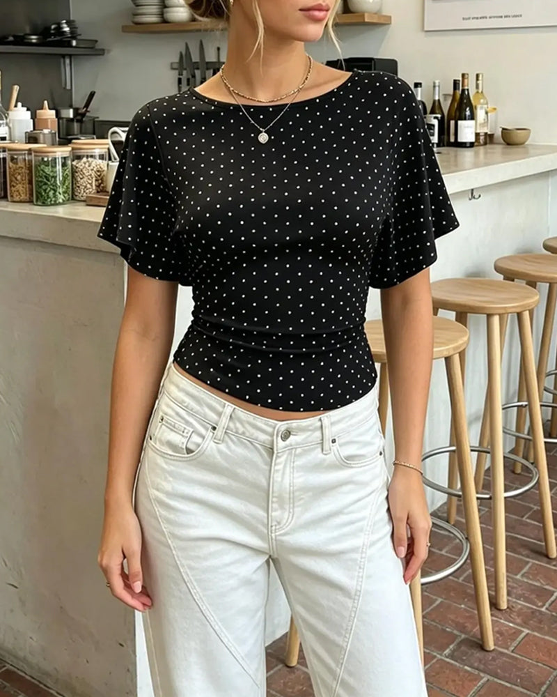 T-Shirt Prikket Midjekniping Rund Hals Kort Erme