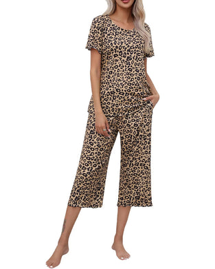Sett Rund Hals Leopard Trykk Kort Erme Syv-Punkts Bukser