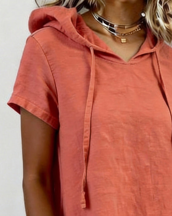 Kjole Med Hette Lin-Blanding Kortærme Lomme