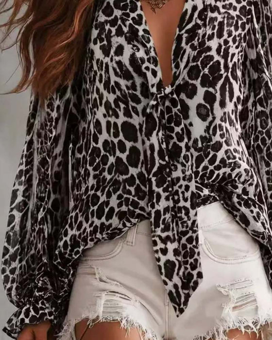 Skjorte V‑hals Leopardmønster Gjennomsiktig Langermet