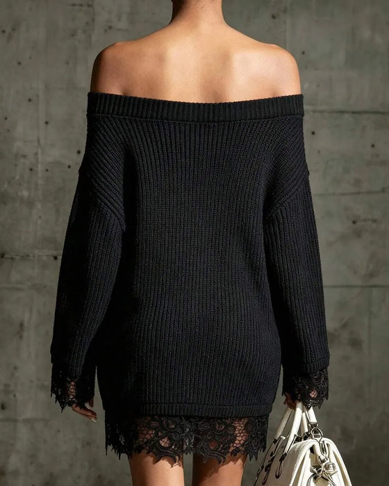 Genser Kjole Off-Shoulder Ribbet Knipling Patchwork