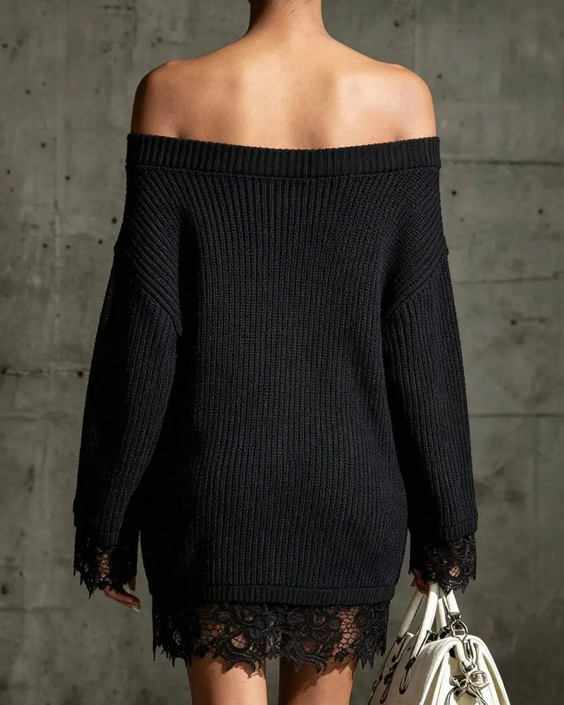 Genser Kjole Off-Shoulder Ribbet Knipling Patchwork