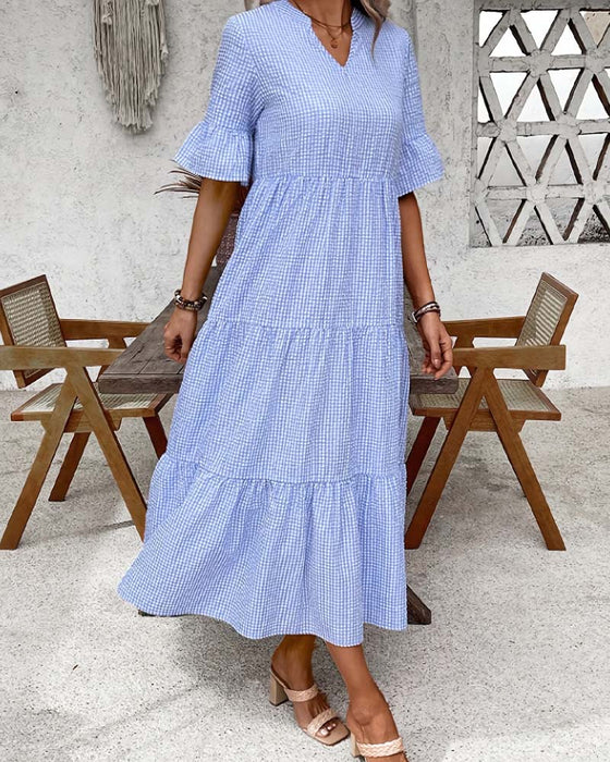 Kjole Blå Hvit Gingham V-Hals